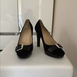 Michael Kors black suede pumps with silver buckle
